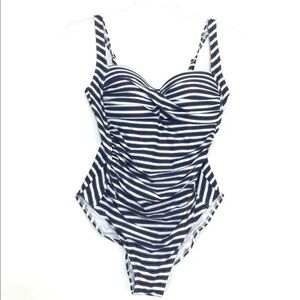BOND EYE ONE PIECE SWIMSUIT sz 10 NAVY BLUE WHITE STRIPE Shirred Nip Tuck